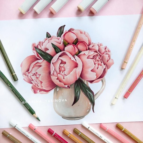 Пионы скетчинг акварель