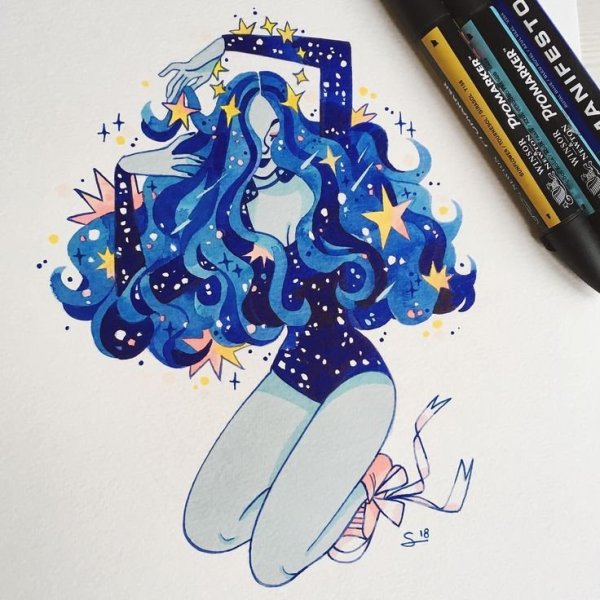 Голубые рисунки фломастерами