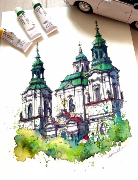Храмы скетчинг в акварели