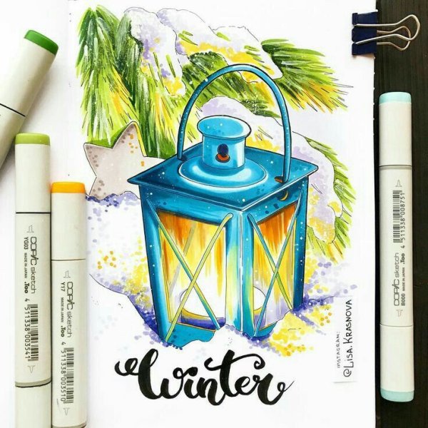 Зимние скетчи маркерами