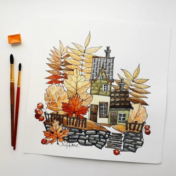 Пейзаж осени цветными карандашами