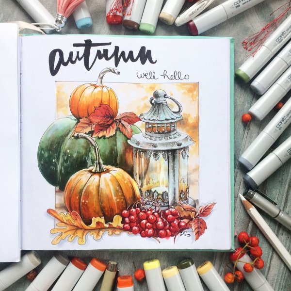 Осенний скетч маркерами