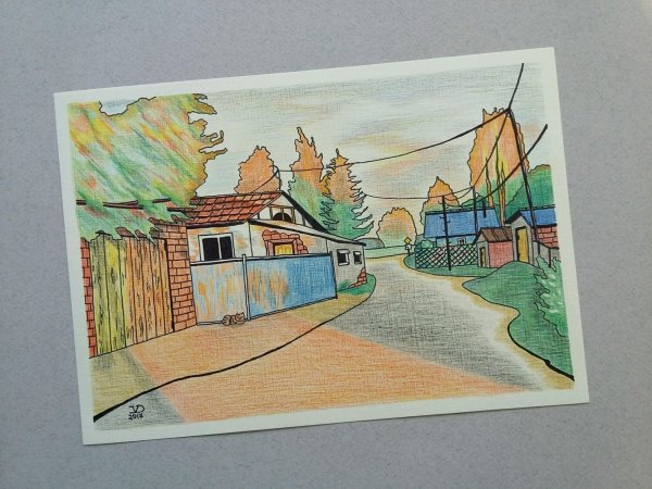 Сельский пейзаж цветными карандашами