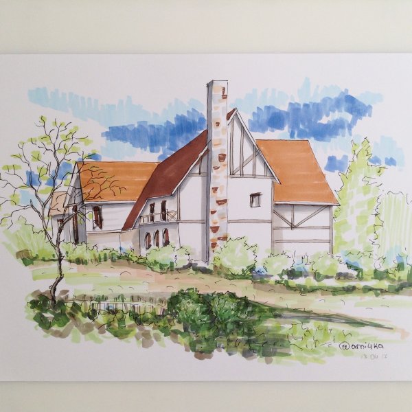 Домик скетч маркерами