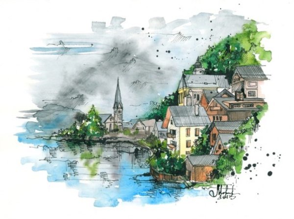 Графический пейзаж акварельными маркерами