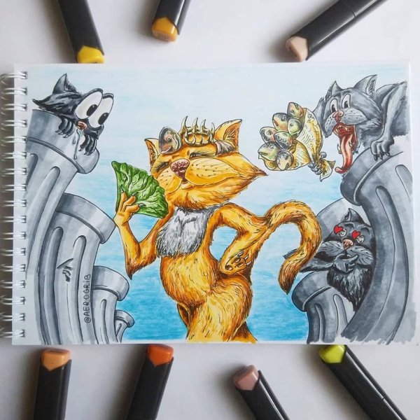 Кот скетч маркерами