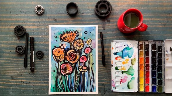 Акварель и черный фломастер