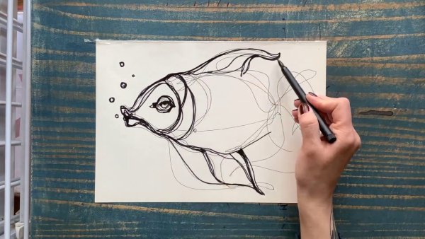 Скетч фломастером рыбка