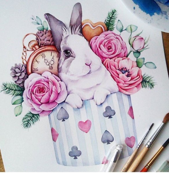Милые кролики акварелью