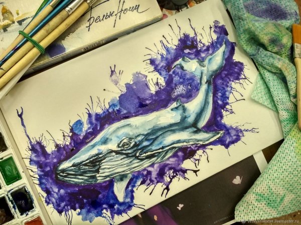 Кит эскиз акварель