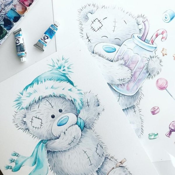 Мишка Тедди акварель