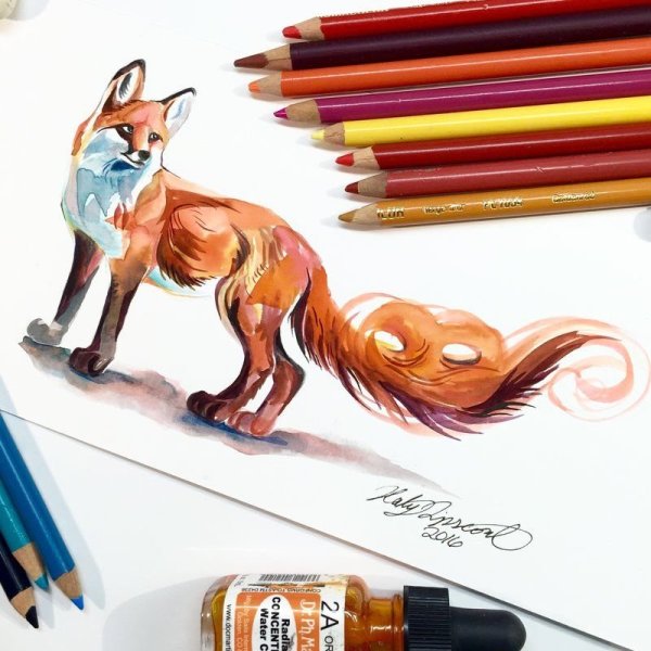 Лисичка цветными карандашами