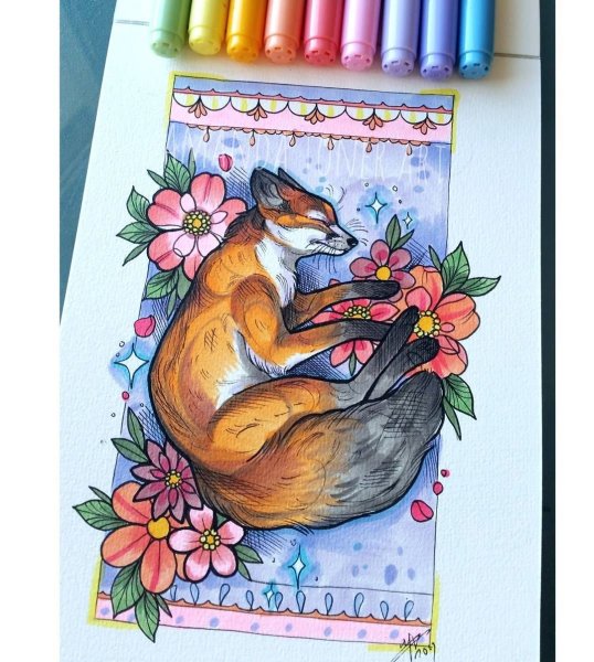 Рисунок лисы фломастерами