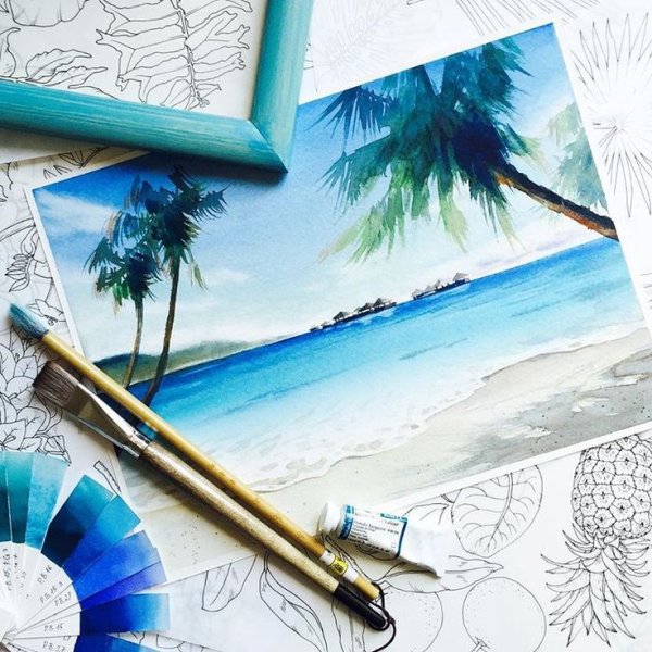 Море скетчинг акварель