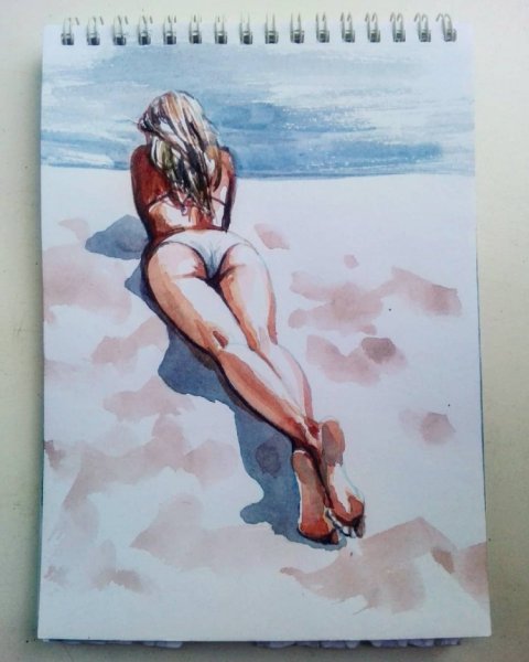 Девушка на пляже акварель