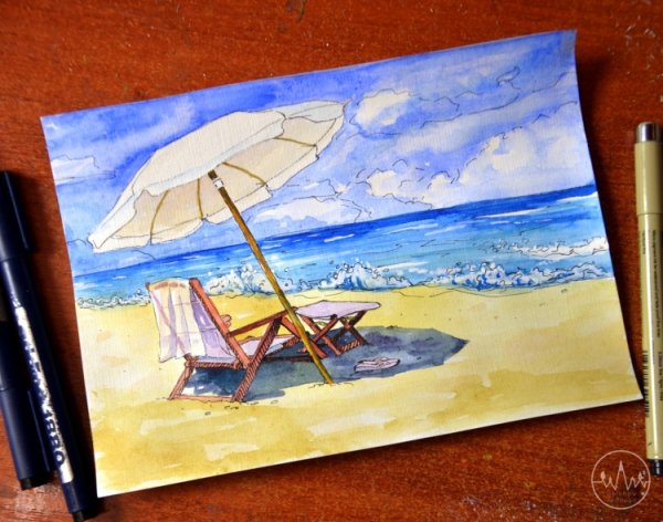 Рисовать море фломастерами