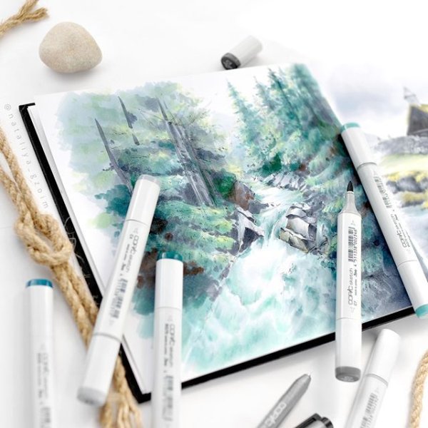 Пейзаж маркерами для скетчинга