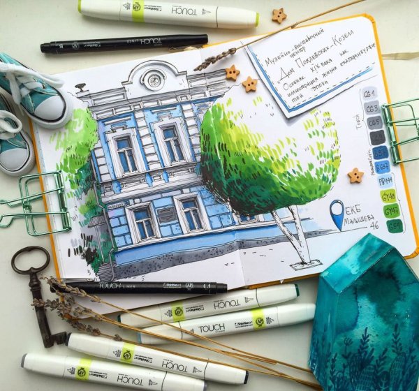 Пейзаж маркерами для скетчинга