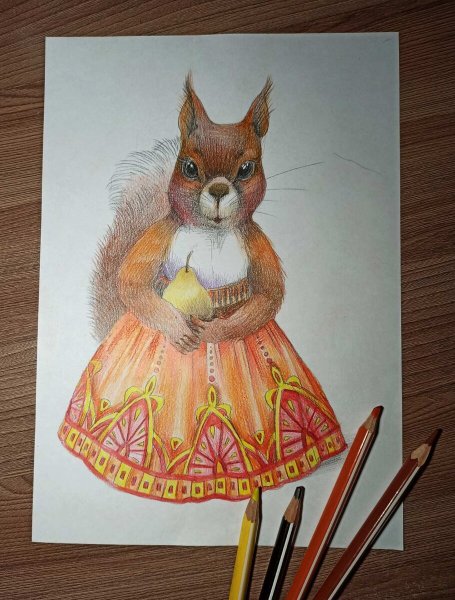 Белка цветными карандашами
