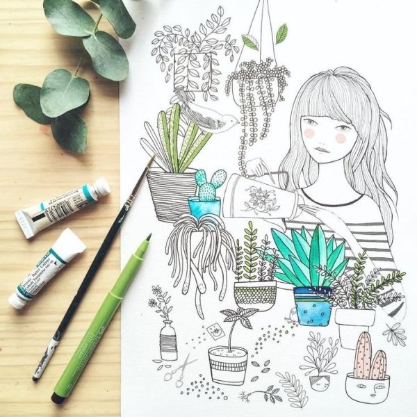 Кактус в горшке маркерами