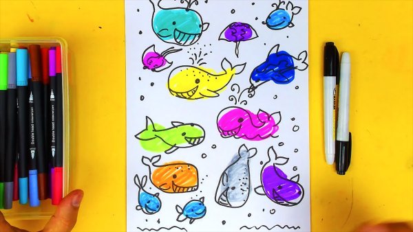Рыба кит папа рисует фломастерами