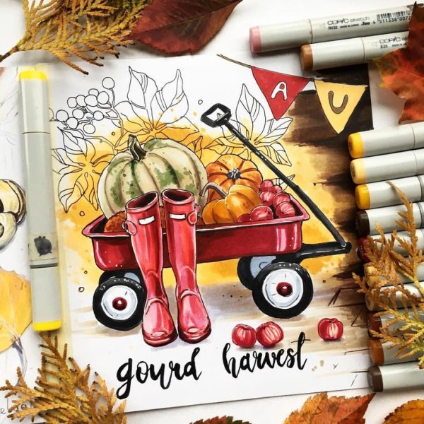 Осенние иллюстрации маркерами