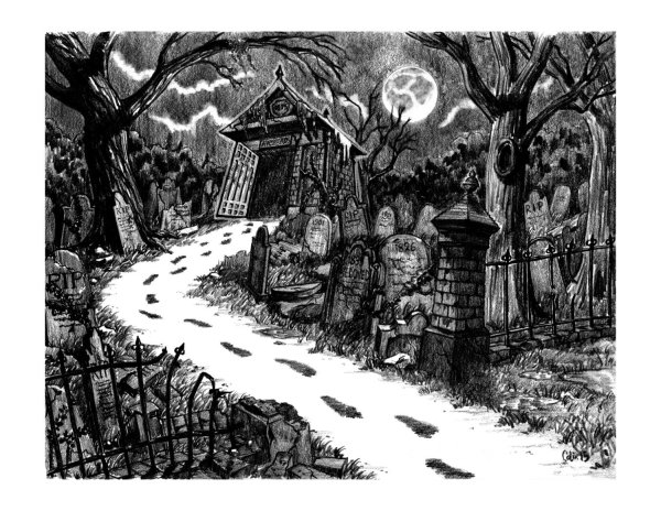 Пейзаж кладбища карандашом