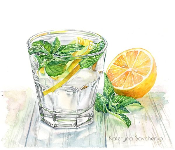Лимонад в стакане акварель