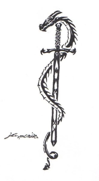 Дракон с кинжалом тату эскиз