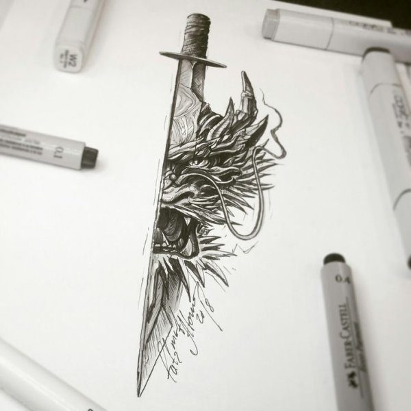 Тату в стиле скетч меч