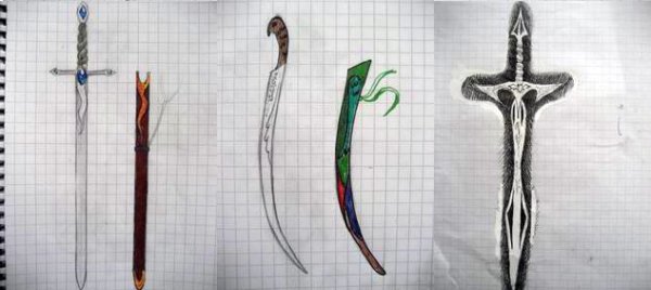 Зарисовки мечей в тетради