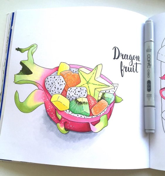 Рисунки фруктов маркерами в скетчбуке