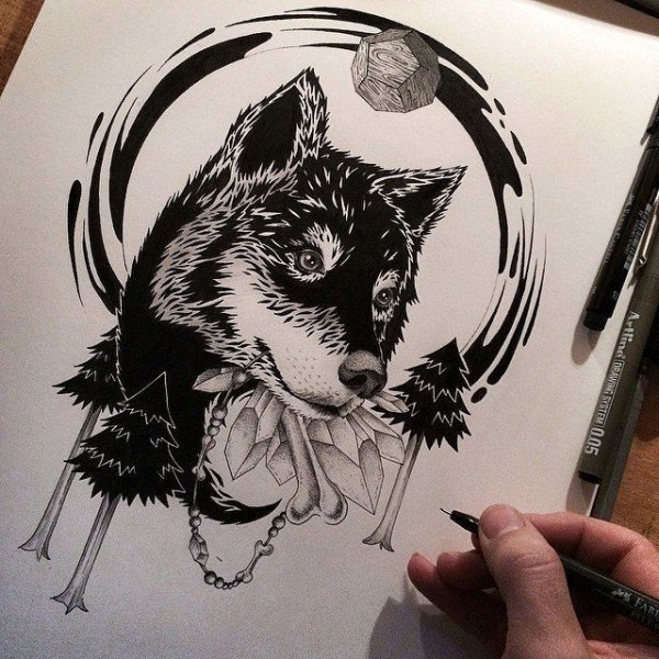 Волк тату маркером