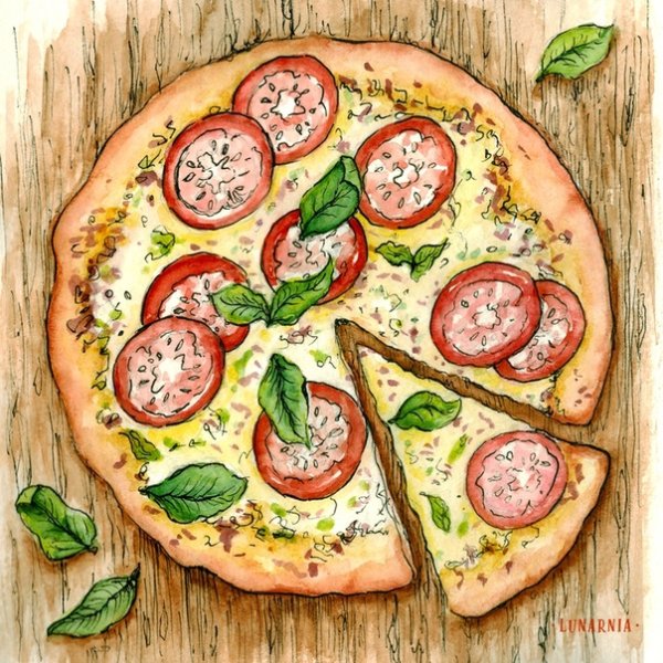Кусок пиццы акварелью