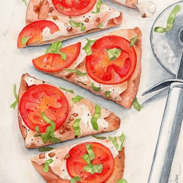 Кусок пиццы акварелью