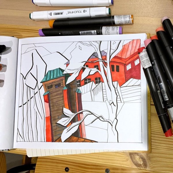 Яблоко маркерами для скетчинга