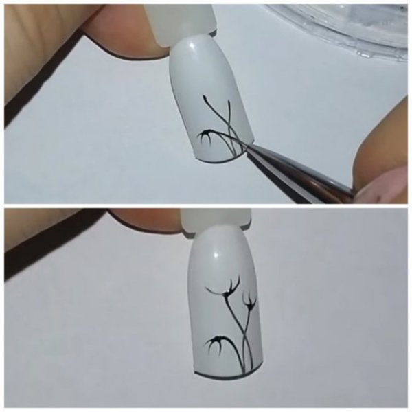 Цветы тонкой кистью на ногтях