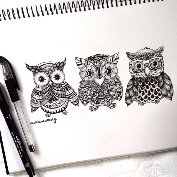 Сова гелевой ручкой