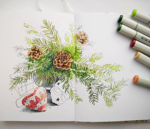 Новогодние Акварельные скетчи