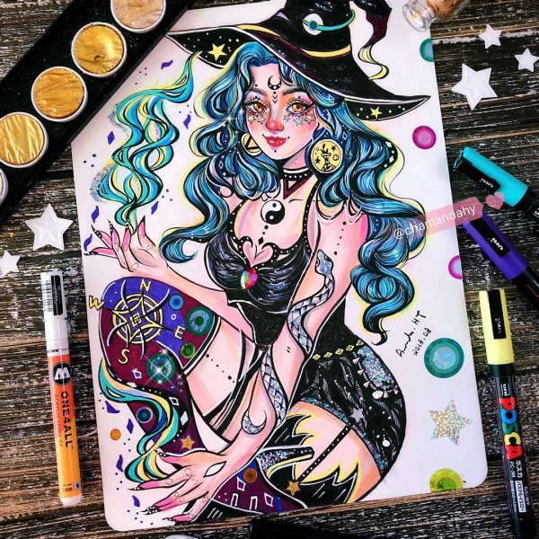 Рисунок маркерами ведьмочка