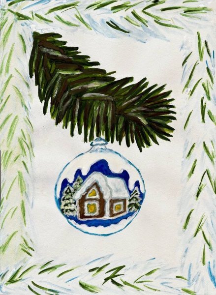 Елочная веточка с игрушкой красками