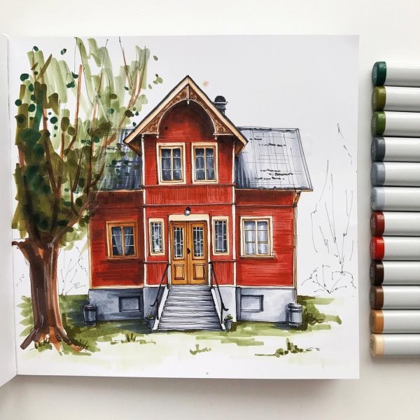 Домик скетч маркерами