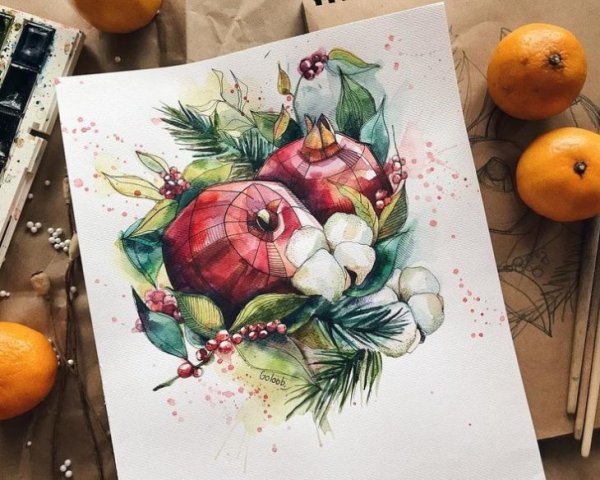 Акварельный скетч новый год