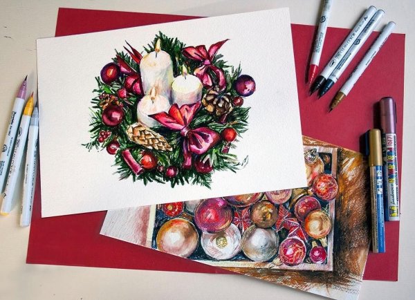 Новогодние скетчи маркерами