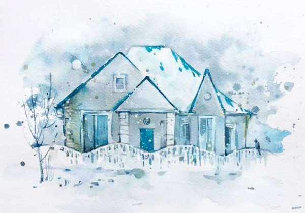 Зимний дом акварель