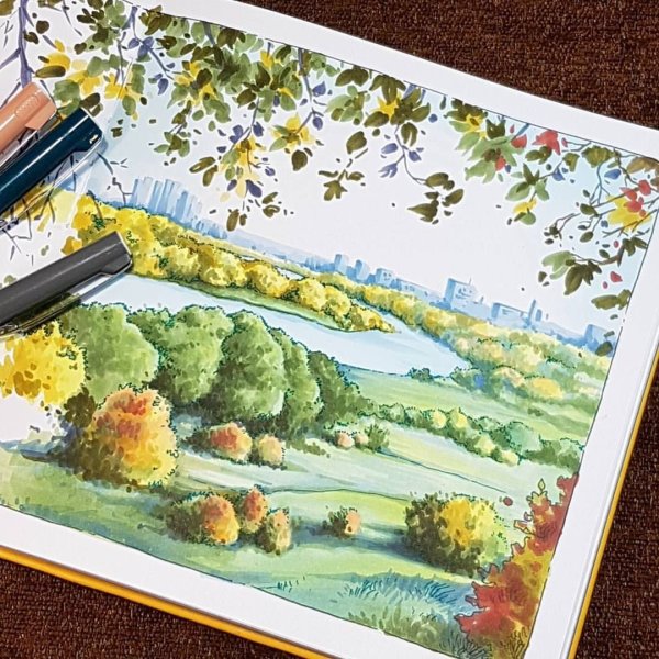 Пейзаж маркерами для скетчинга