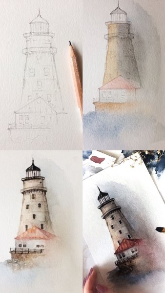 Маяк акварелью для начинающих