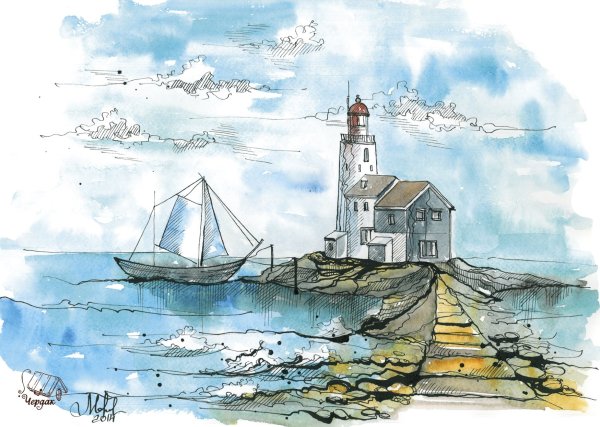 Море скетчинг акварель