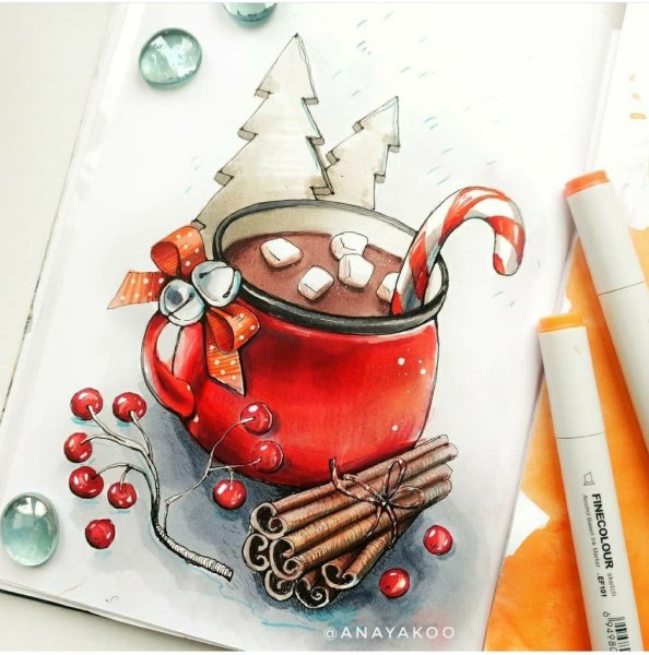 Новогодняя открытка маркерами для скетчинга