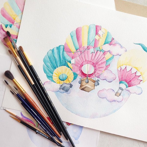 Скетч воздушный шар акварелью